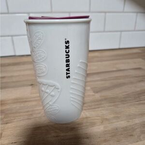 Starbucks White Tumbler with Textured Leaf Design Burgundy Lid